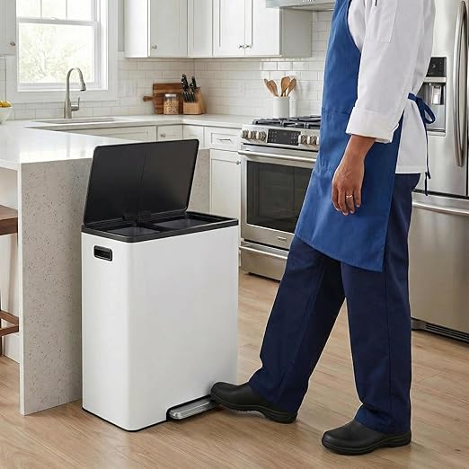 GarveeHome 16 Gallon Dual Compartment Trash Can, Stainless Steel Recycling Trash and Recycle Bin Combo with Step Pedal, Silent-Close Lid, Odor Control & Pet-Proof Design for Kitchen, Office