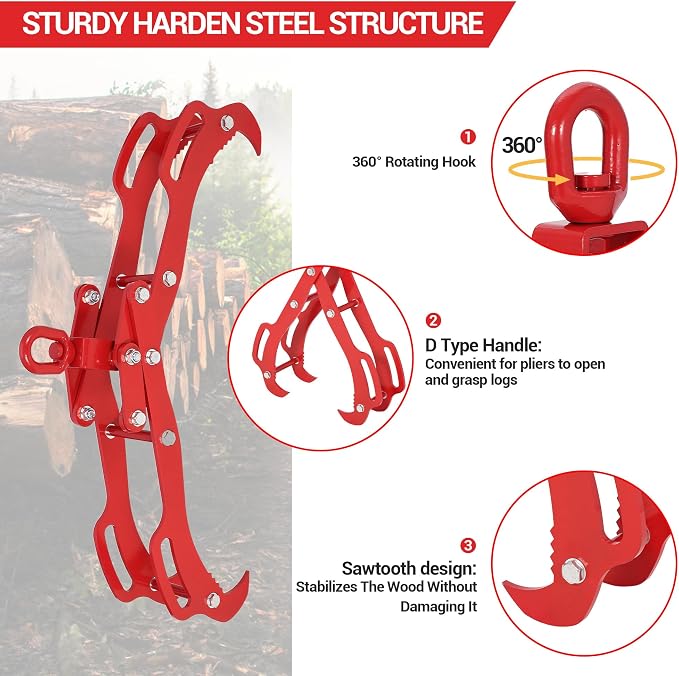 GarveeLife 28 in Log Lifting Tongs with 4 Claw Timber, 360°Swivel Dragging, Heavy Duty Logging Grabbler, Anti-Slip Wooden Tongs, Steel Log Lifting Tongs for Tractors, Skidders, Firewood, Lumber | 360°Swivel Dragging, Anti-Slip Wooden Tongs, Steel Log L...