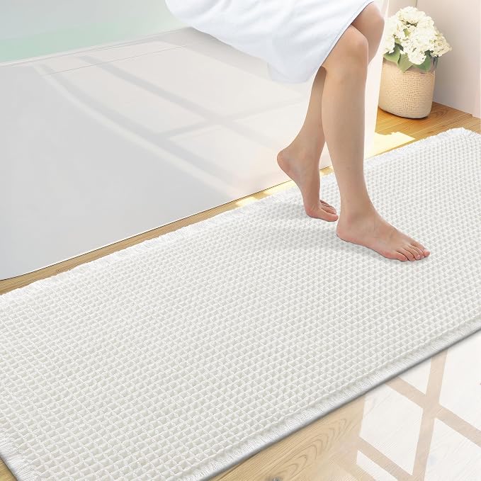 Smiry Waffle Bath Mat 59x20, Extra Soft Absorbent Bathroom Rugs, Non Slip Machine Washable Quick Dry Bath Rugs for Bathroom Floor, Tub, Shower, Home Decor Accessories, White