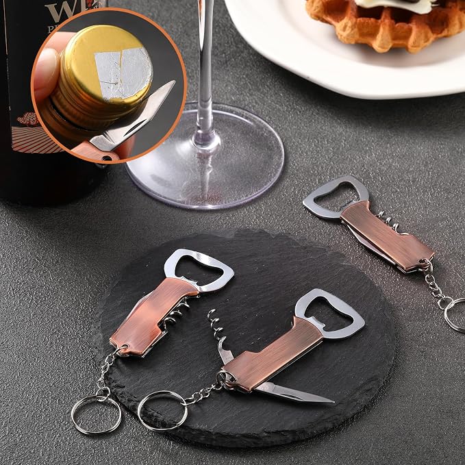 Ziliny 24 Pcs Bottle Opener Keychain Bulk Wine Bottle Beer Opener Keychain 3.27" Stainless Steel Corkscrew Waiter Corkscrew Wine Keyring Gifts for Christmas Bar Party Wedding Home (Red Bronze Color)