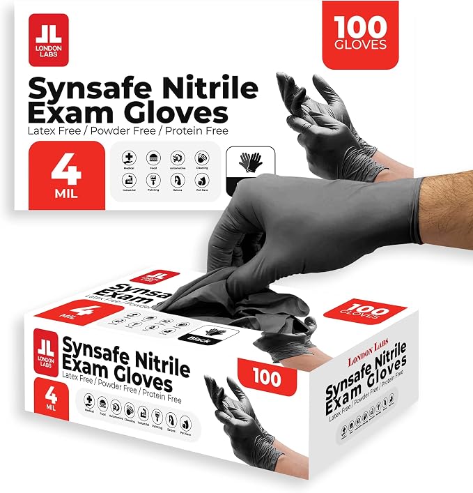 London Labs Synsafe 4 Mil - Black Nitrile Exam Gloves –Disposable Latex Free & Powder Free – Extra Strong, Rubber Gloves – First Aid Kit, Medical, EMT, Cleaning, Cooking | Pack of (200 ct)