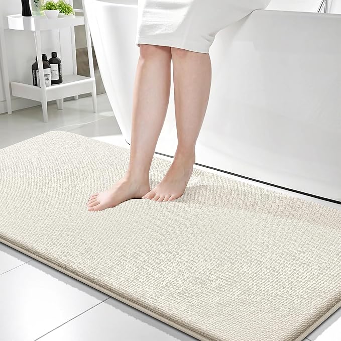 OLANLY Memory Foam Bathroom Runner Rugs 59x24, Absorbent Long Mat, Ivory | Soft Quick Dry Bath Mat Rugs, Non-Slip, Machine Washable Mat for Bathroom Floor, Tub and Shower, Home Decor Accessories