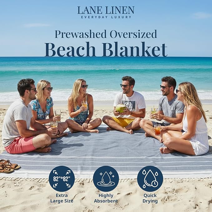 LANE LINEN Beach Blanket Sand Free, Soft & Large Beach Towel - Navy Blazer | Oversized Beach Mat, 82"x82" - For Sand, Grass, Gravel & Poolside - Folds Compact, Easy To Carry - Roomy Family Size