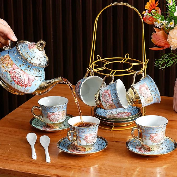 Zhehao 20 Pcs Porcelain Tea Set with Metal Holder and Spoon Adult Ceramic Tea Set European Flower Painting Teapot Cup Saucer Spoon for Women Mom Gift, Large Version (Simplicity Style)