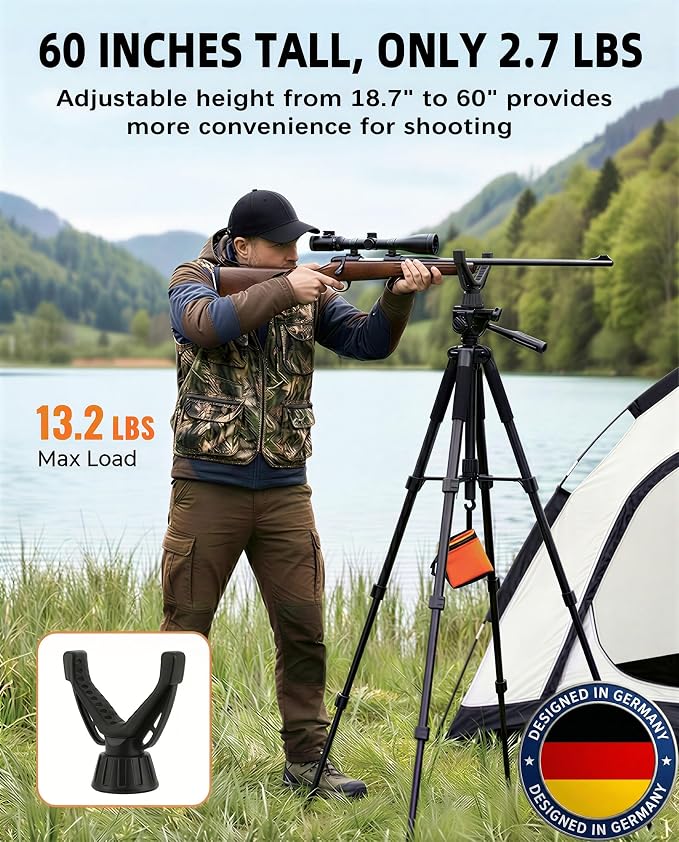 60"~63" Rifle Shooting Tripod, 360° V-Yoke Rest, 3D Pan Head for Hunting | 2.6lb Lightweight, Folds to 18". 360° V-yoke, 3/8 Thread, 1/4" QR Plate. Rubber feet, Wind Hook, Carry Bag, for Crossbow