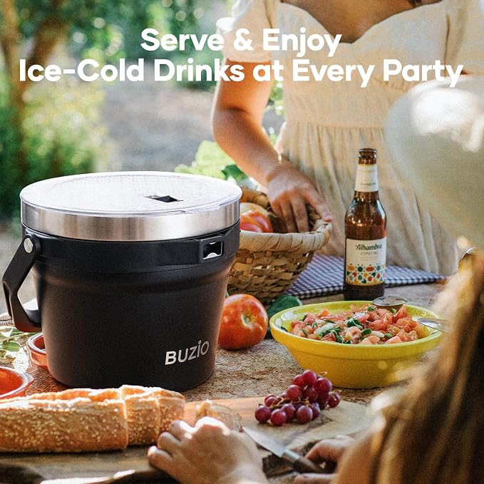 BUZIO 7.4 Qt/7 L Large Insulated Ice Bucket with Lid and Scoop & Tongs | Double Wall Vacuum Stainless Steel Beer Bucket, Holds 6 Longnecks or 3 Wine Bottles, for Parties, Cocktail Bar, Camping