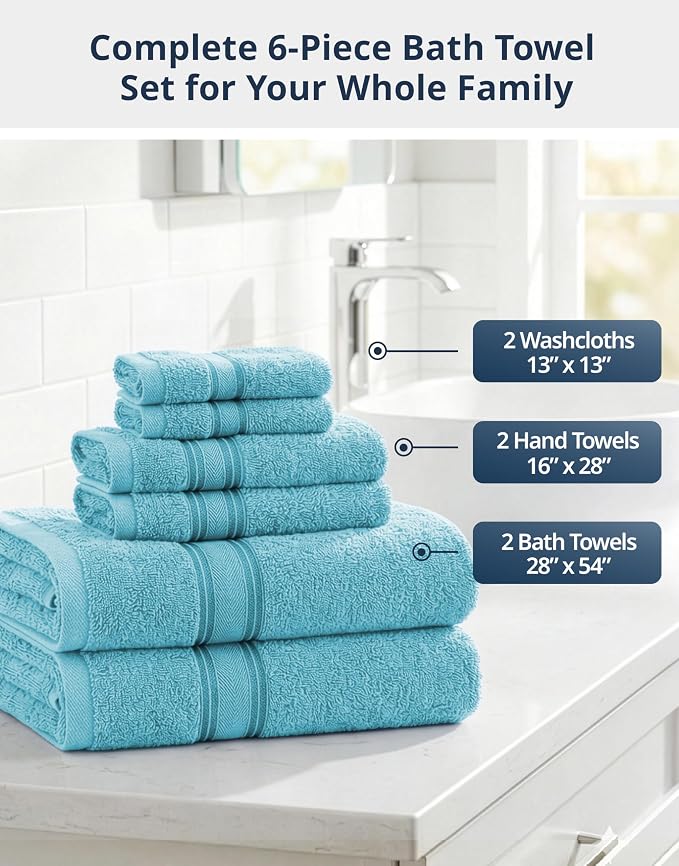 LANE LINEN Bath Towel Set Quick Dry 100% Cotton 6 Piece Soft - Blue | Cotton Bath Towels - Classic Terry Weave, Densely Woven, Coordinated Colors, Dobby Border Accent, OEKO-TEX Certified