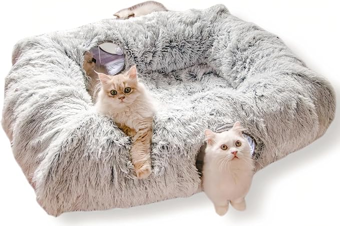 XxingSheep 4-Cave Plush XL Cat Tunnel Bed Indoor Cats Peekaboo Toy Mat Grey | Plush XL Cat Tunnel Bed, 4-Cave Peekaboo Toy, Cozy Donut Mat for All Cats