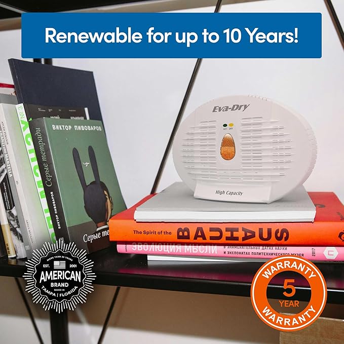 Eva-Dry E-500 Renewable Silica Gel Dehumidifier 2-Pack — Cordless Operation, Plug-In to Renew | 500 Cu Ft Each | Gun Safe, Closet, Bathroom, Boat, RV | No Batteries | Up to 10 Years