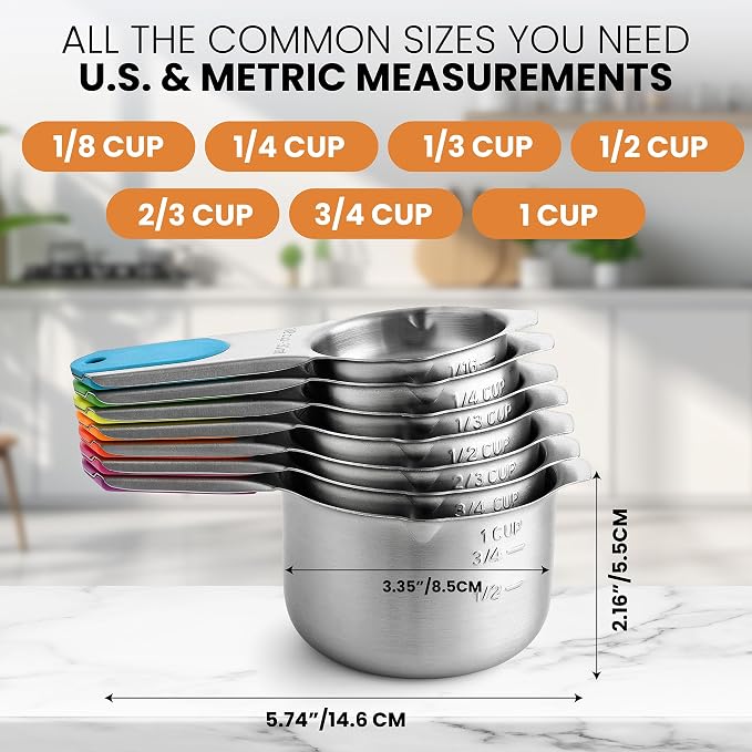 Spring Chef Stainless Steel Magnetic Measuring Cups, Set of 7 & Heavy Duty Magnetic Teaspoon & Tablespoon Measuring Spoons, Set of 8 with Leveler - 2 Product Bundle - Neon
