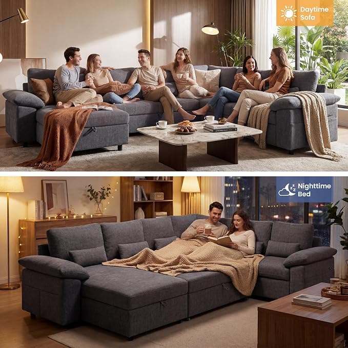 110 Inch Modular Sectional Sleeper Sofa with Pull Out Bed, U Shaped 7 Seat Cloud Modular Sectional Sofa with Storage, Chenille Sectional Couches for Living Room, Apartment, Office, Dark Grey