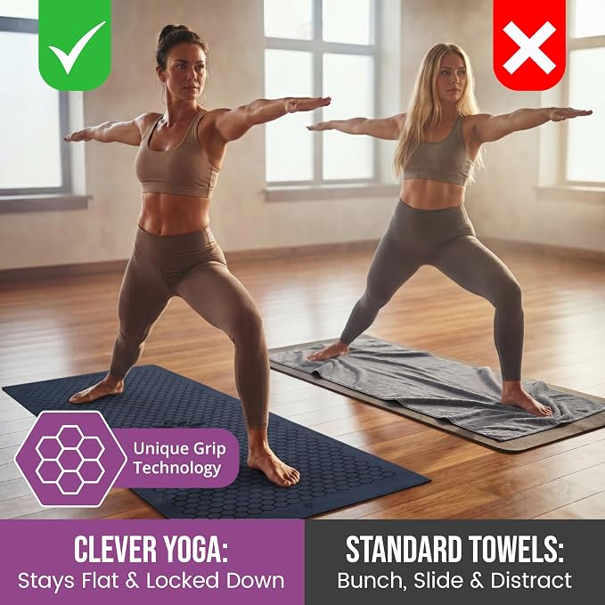 Clever Yoga Hot Yoga Mat Towel – Non-Slip Grip for Hot Yoga, Sweat Absorbent, Honeycomb Silicone Grip, Stays Flat – Ideal for Pilates, Travel, Washable & Lightweight - Dark Blue