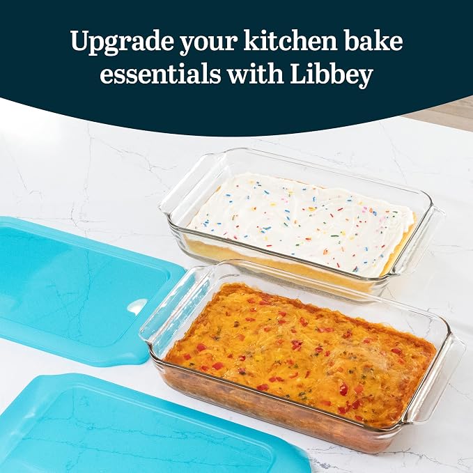 Libbey Baker’s Premium 2 Piece Glass Baking Dish Set, Stackable Casserole Dish with Lid Set, Baking Glassware for Casseroles, Lasagna, Brownies, Cakes