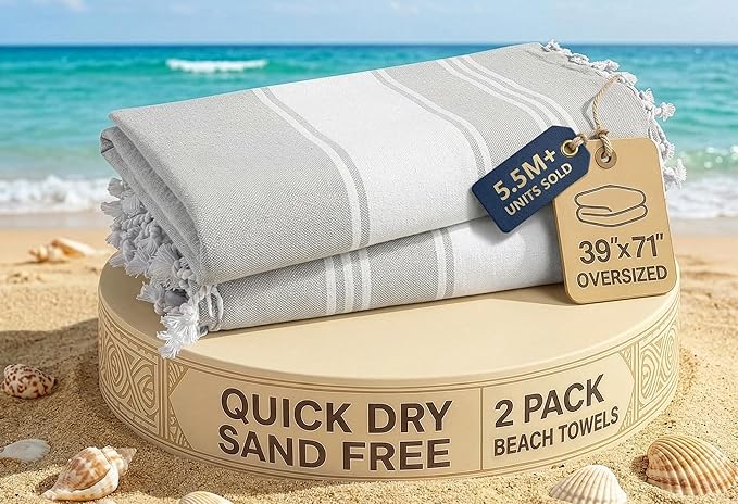 LANE LINEN Extra Large Beach Towels 2 Pack, Oversized 39"x71", Soft - Grey | Pre-Washed, Quick Dry - Sand-Free & Absorbent Pool Towels - Stylish & Lightweight for Women - Vacation Essential, All-Season