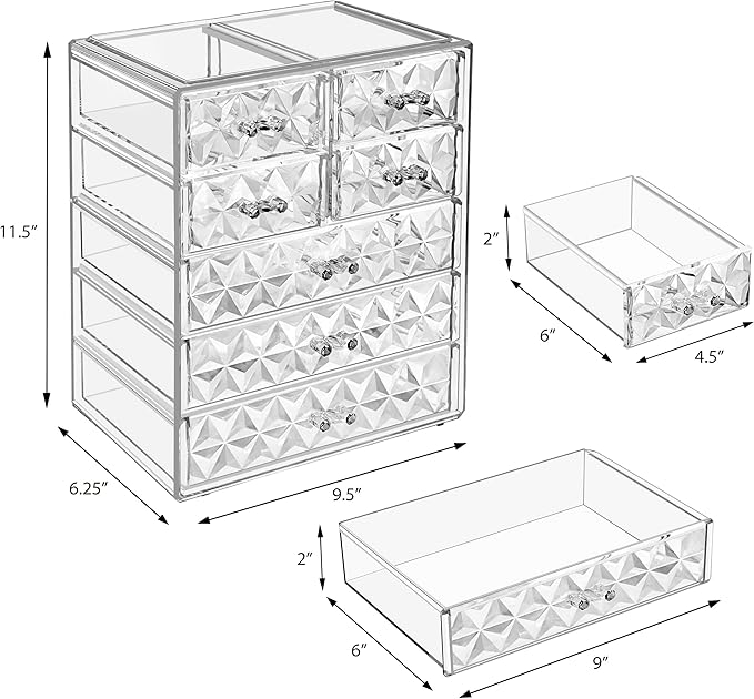 Sorbus Acrylic Makeup Organizer Set, 7-Drawer Vanity & Countertop Cosmetic Storage with Small & Wide Drawers, Diamond Makeup Storage for Brushes, Lipsticks, Jewelry – Holiday Gift for Women & Teens