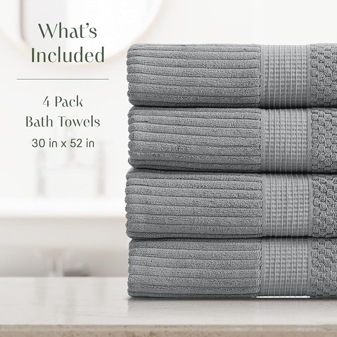 Springtree Home 100% Cotton Bath Towel Set | 4-Pack | Textured | Grey | Absorbent & Quick-Dry Bathroom Towels | Textured and Durable Cotton Towels for Bathroom | OEKO-TEX | Krista Collection