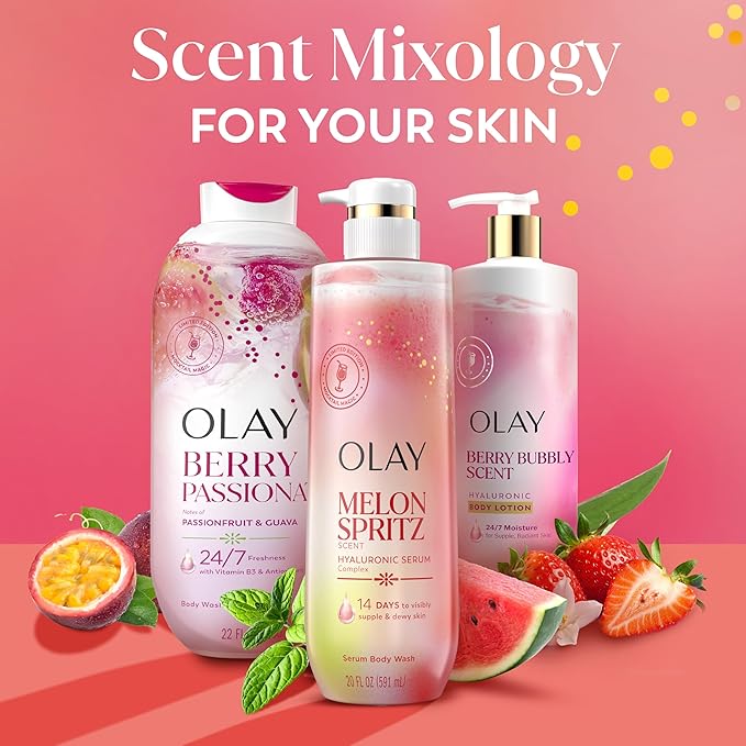 Olay Body Wash for Women, Intensely Hydrating, Pro-Hyaluronic Acid Serum Complex, Renews Moisture, Vitamin B3 Lameller Technology, For All Skin Types, Melon Spritz Scent, 20 fl oz