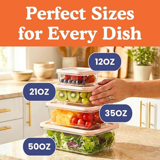 Non-Toxic Glass Food Containers with Lids, 4-Pack, Multi-Size, Gray | Plastic & BPA free. Glass body, glass lid & platinum silicone seal. Airtight & leakproof. Freezer & microwave safe.