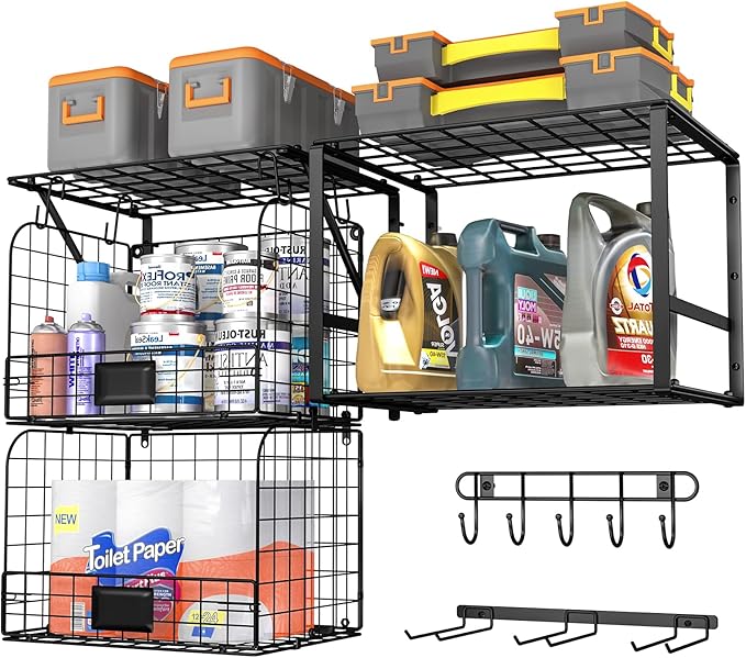 ThreeHio Garage Shelf Wall Mounted with Wire baskets, Heavy Duty Garage Wall Shelving with Garden Tool Rack and Hooks, Wire Shelf Baskets Tool Organizer for Home Garden Yard Organization and Storage