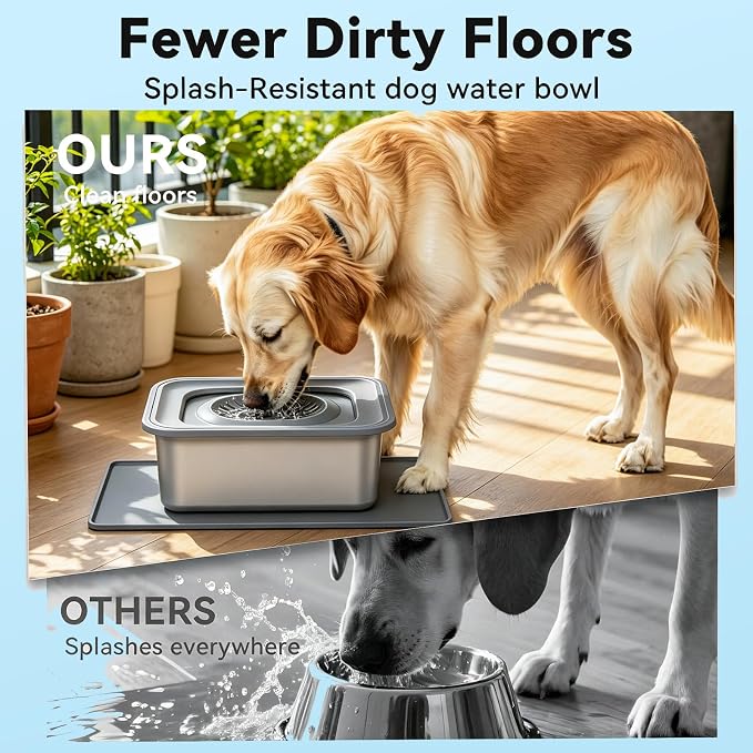 12L/3.17Gal Large Dog Water Bowl No Spill Stainless Steel | Pet Water Bowl for Messy Drinkers, Anti-Slip XXL Silicone Mat, Floating Disk & Dual Filtration