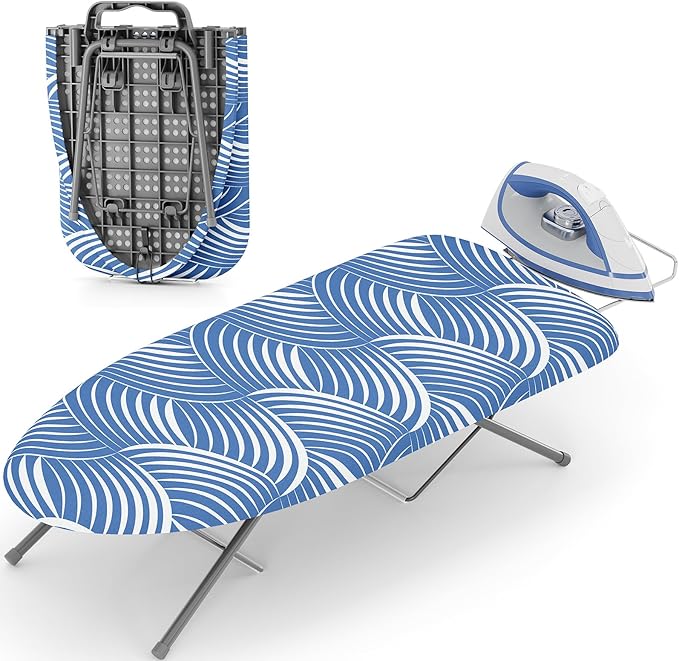 KINGBOARD Tabletop Ironing Board, Small Ironing Boards with Iron Rest, Folding Iron Board, Extra Thick Cover, Portable Tabletop Ironing Board with Non-Slip Feet, 30x12 Blue and White