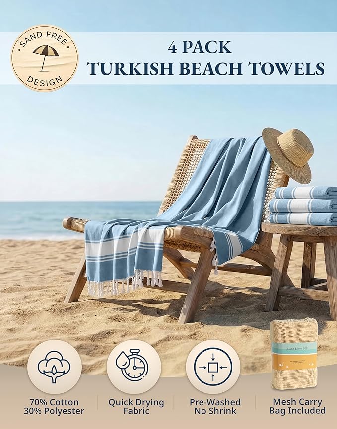 LANE LINEN Beach Towel 4 Pack, Oversized Beach Towels for Adults - Sky Blue | Lightweight Travel Beach Towels - Pre-Washed for Soft Hand Feel - 39"x71", Vacation Essential - Machine Washable, All-Season