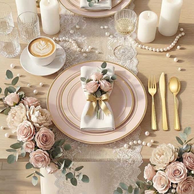 WDF Partyware 350PCS Pink Disposable Plates - Pink Plastic Plates 50Guests Plastic Dinnerware Sets with Rolled Napkins for Wedding/Birthday/Baby shower