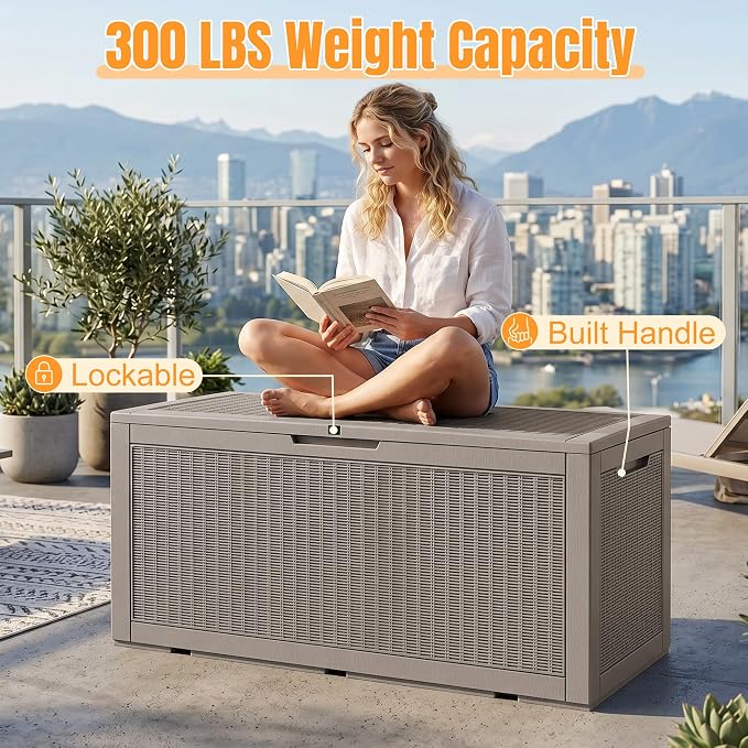 Outdoor Storage Box, 170 Gallon Waterproof Resin Deck Box with Support Rod | UV Resistant Lockable Package Delivery Bin, Shoe, Patio & Garden Tools Storage, Toy Cabinet, Ottoman, Indoor/Outdoor