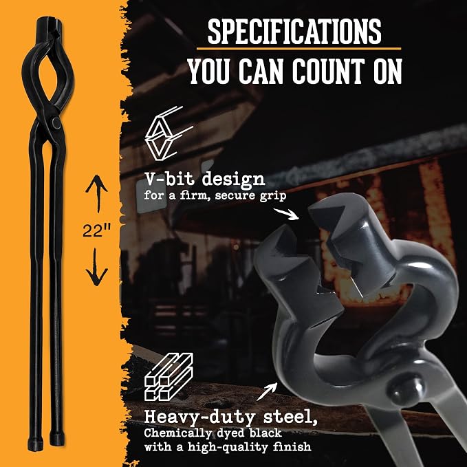 V-Bit Bolt Blacksmith Tongs (22", Black) - Blacksmith Tools and Forging Tools for Beginner & Professional Blacksmithing - Durable Steel, Ergonomic Grip and Versatile