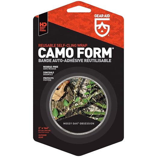 GEAR AID Camo Form Self-Cling and Reusable Fabric Camouflage Wrap, Adds Grip and Shield Hands from Hot or Cold Surfaces to Protect You and Your Equipment, Obsession, 2” x 144” Roll, 1 Pack