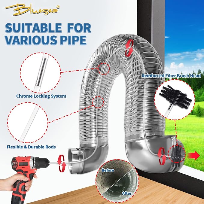 Bluesea 7 Pieces 20 Feet Dryer Vent Cleaner Kit, Reinforced Nylon Dryer Vent Cleaning Kit, Durable Dryer Vent Brush Vacuum Attachment with Flexible Lint Trap Brush, Vacuum & Dryer Adapters