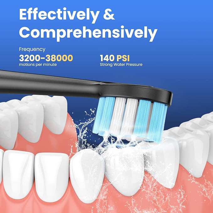 UNINGOPI 2-in-1 Electric Toothbrush with Water Flosser, Brush & Floss Combo | 3 Modes, 3 Brush Heads, Jet Tip, IPX7 Waterproof, Portable Oral Irrigator for Travel, Black