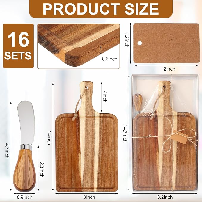 Geetery 16set Acacia Wood Charcuterie Board with Knife Wooden Serving Tray with Groove Acacia Wood Cutting Board with Card and Gift Box for Wedding Baby Shower Housewarming Gift (14 x 8 Inches)