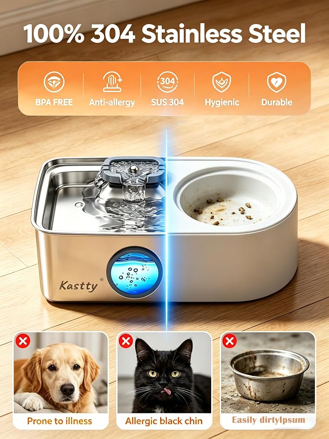Kastty 15L/4 Gal Stainless Steel Dog Water Fountain for Large Dogs | Ultra-Quiet Automatic Pet Water Fountain with Water Level LED Light,Easy Cleaning Dog Water Bowl Dispenser for Multi-Pet FS79