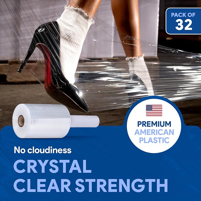 International Plastics Co. 18" Plastic Stretch Film/Wrap 1200ft 500% Stretch Clear Cling Durable Adhering Packing Moving Packaging Heavy Duty Shrink (5" Products, 32 Pack)