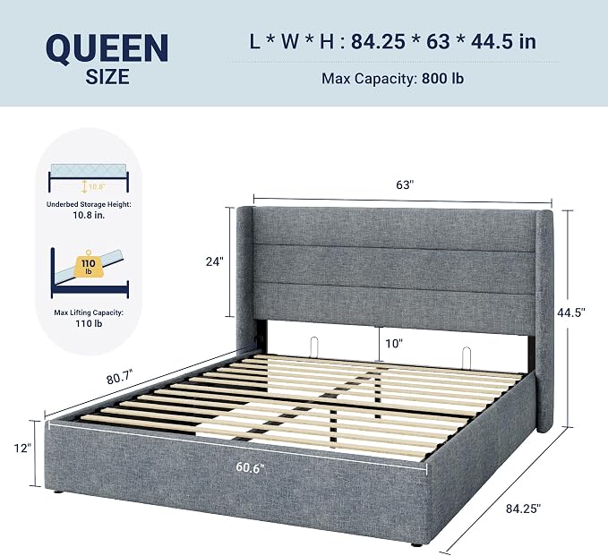 Allewie Queen Size Lift Up Hydraulic Storage Bed Frame Blue Grey | Modern Wingback Headboard, Hydraulic Support Storage, No Box Spring Needed