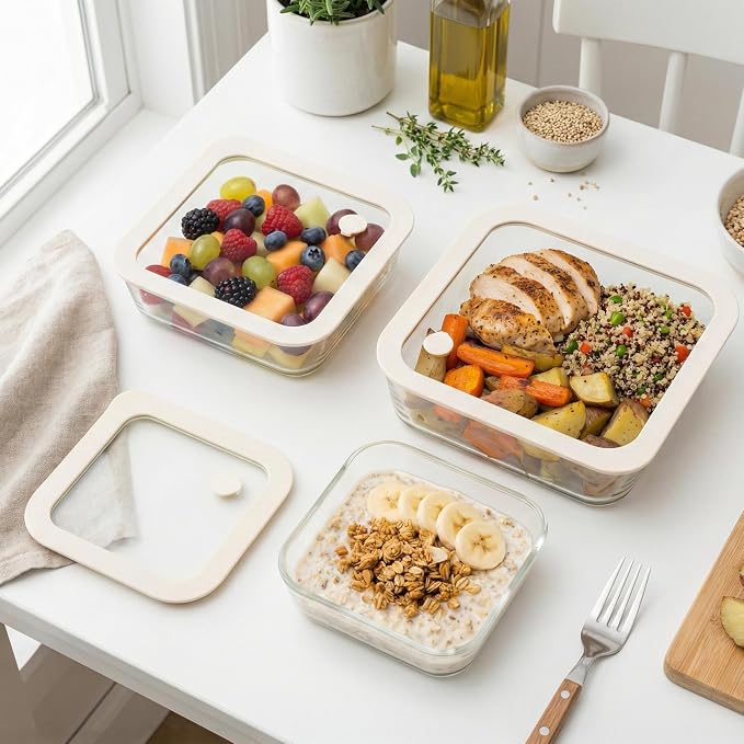 Glass Food Container Set with Glass Lid, 3 Pack, Food Storage Containers Set, Airtight, LeakProof, 100% Plastic Free, Meal Prep Containers (White Color)
