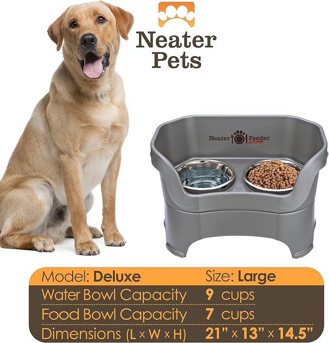 Neater Pet Brands Neater Feeder Deluxe Mess Proof Dog Bowls Elevated for Large Dogs Over 40 lbs, Made in USA, No Spill Raised Dog Food Bowl Stand Feeding Station, Food and Water Bowl Set, Gunmetal
