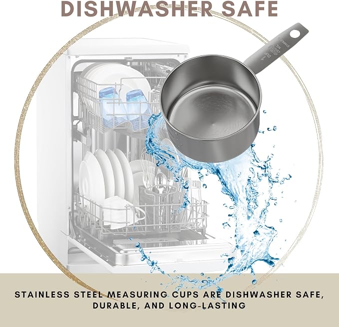 1 Cup Stainless Steel Measuring Cup | Sturdy Metal 250 ml | 240 cc | 8 oz | Single Cup for Wet and Dry Ingredients | Great for use as 1 Cup Dog Food Scoop - 4 PK