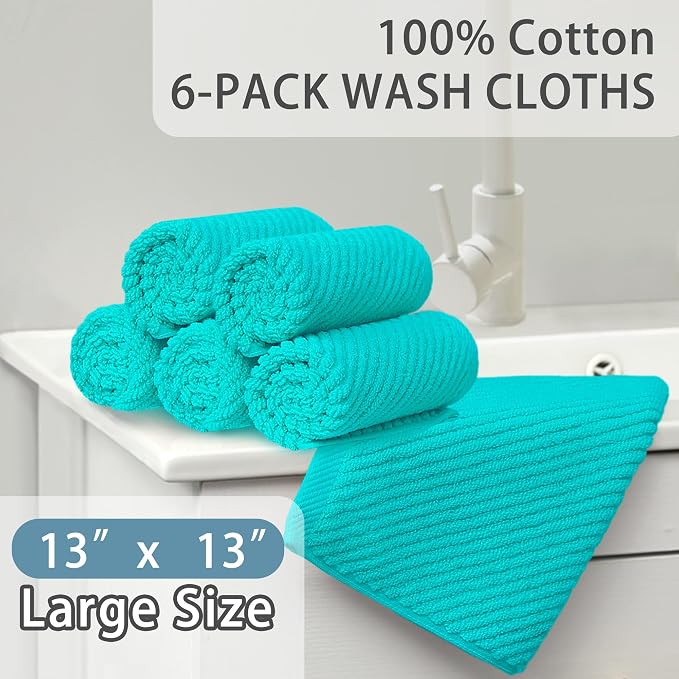 VOOVA & MOVAS Washcloths 6PC, 100% Cotton, 13x13 in, Turquoise | Thick, Quick Dry, Soft, Absorbent, Luxury Towels For Face, Fluffy Wash Cloths, Towel Gift Set