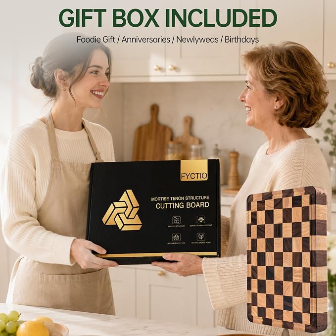 1.4" Checkered Cutting Boards for Kitchen, Thick Wood Butcher Block | Chooping Board with Juice Grooves & Handles, Serving Tray for Meat, Vegetables Fruits with Gift Box, 16" x 11"