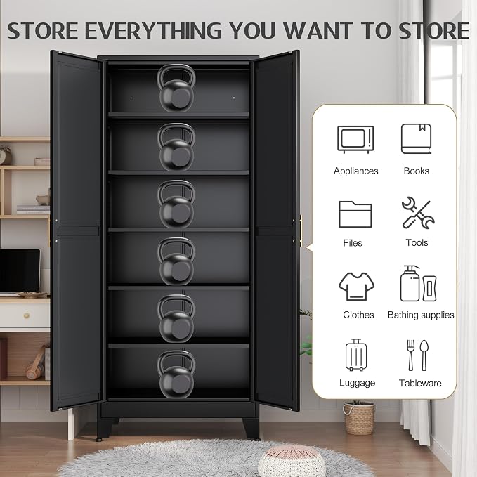 GAIOUS 75.2" Tall Storage Cabinet, Pantry Storage Cabinets with 2 Door and 5 Adjustable Shelves, Black Kitchen Food Cabinet, Metal Utility Cabinets for Kitchen, Dinning Room, Laundry Room