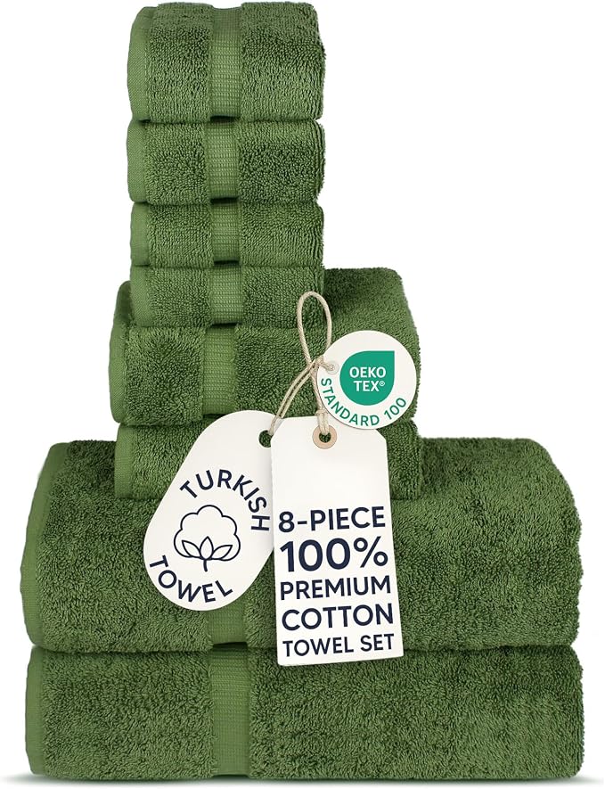 Chakir Turkish Linens Set of 8 Towel Set, 100% Cotton Luxury Turkish Towels for Bathroom, Soft Absorbent Bath Towel Set with 2 Bath Towels 2 Hand Towels 4 Washcloths, Moss