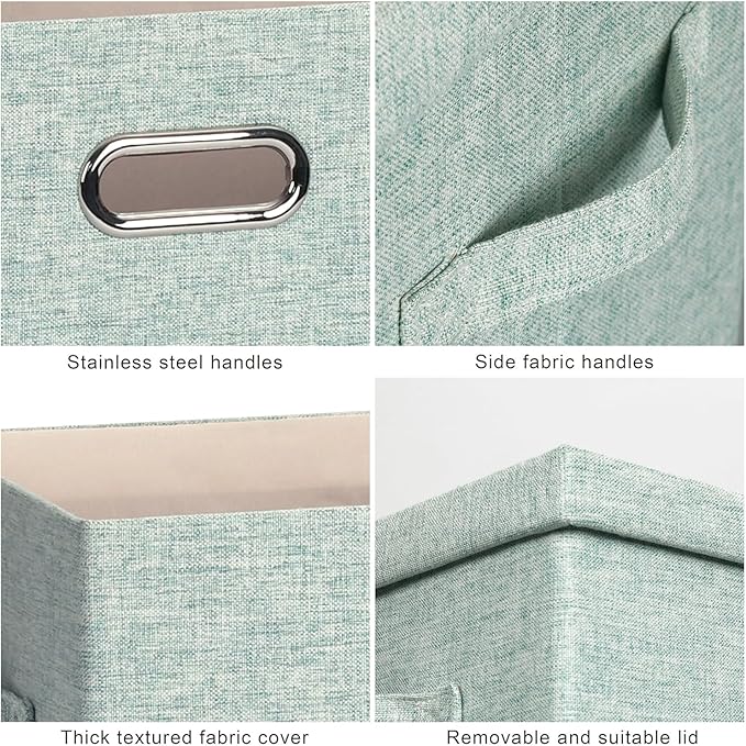 Graciadeco Large 17" 36 Quart Collapsible Stackable Storage Bins with Lids, 3 Packs Light Green Linen Fabric Closet Boxes, Storage Cube Baskets Container Organizers for Office (16.5x12.2x11.2)