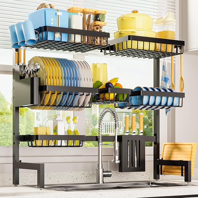 Sakugi Dish Drying Rack Over The Sink, Dish Drainer for Kitchen Counter | Stainless Steel Storage Organizer with Utensil Knife Holder & Hooks, Adjustable 11.8"Dx31.5"~39"Wx30"H, Black