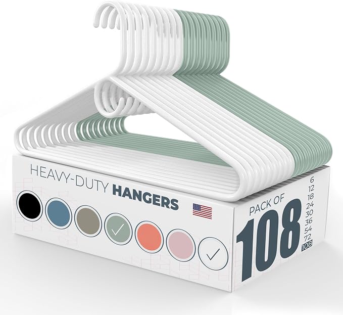 Heavy Duty Clothes Hangers 100 Pack (108 Count) – Made in the USA – 8lb Capacity Plastic Hangers for Adult Clothing – Durable for Pants, Coats, Jackets, or Jeans – White & Mint