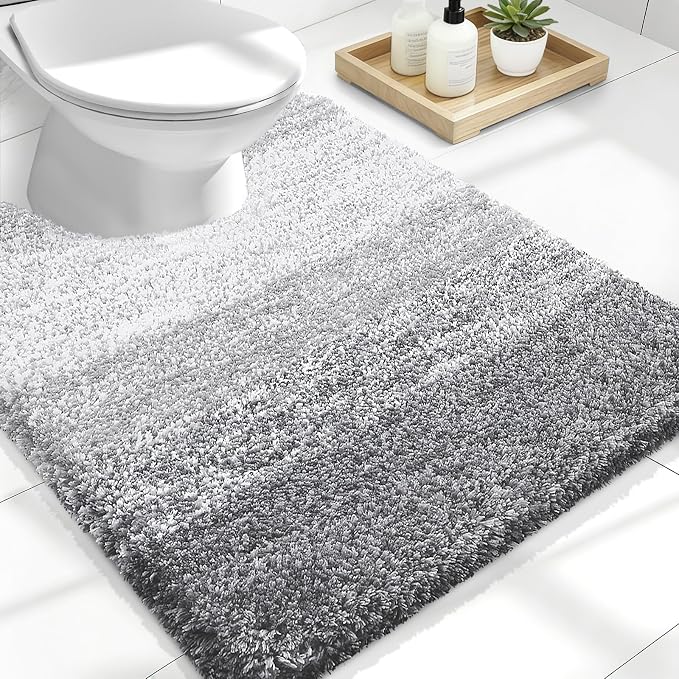 OLANLY Luxury Toilet Rugs U-Shaped 24x20, Extra Soft and Absorbent Microfiber Bathroom Rugs, Non-Slip Plush Shaggy Bath Mat, Machine Wash Dry, Contour Bathroom Mats for Toilet Base, Light Grey