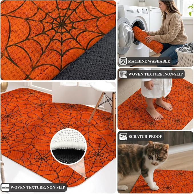 Front Door Mat Indoor Outdoor 19.7"x31.5", Orange Halloween Absorbent Non Slip Welcome Mat, Black Spiders Net Classic Gingham Low Profile Entryway Rug for Front Entrance Porch Back Door Patio