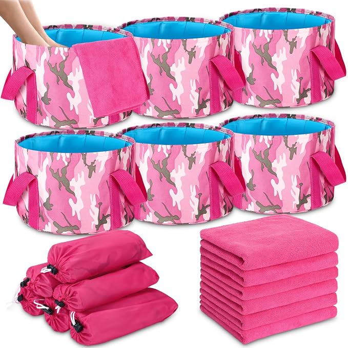 FillTouch 12 Pcs 15L Foldable Foot Soaking Tub Kit Portable Foot Bath Tub for Soaking Feet with Towel and Storage Bag Soak Spa Bucket for Travel Camping(Camouflage,Pink)
