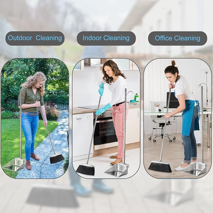 VOOWO Heavy Duty Broom and Dust pan Set, Stainless Steel Broom and Dustpan Set with Long Handle, Broom with Dustpan Set for Home Standing Dust Pan Indoor Outdoor Brooms Dustpan